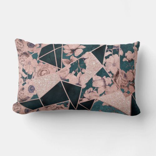 Luxurious Rose Gold Artsy Floral Geometric Pattern Lumbar Pillow
