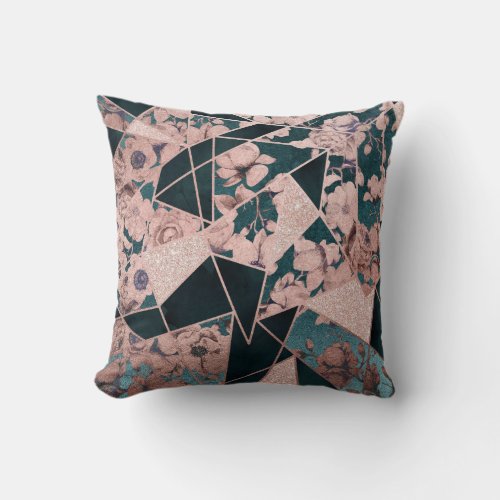 Luxurious Rose Gold Artsy Floral Geometric Pattern Throw Pillow