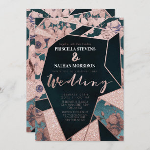 Luxurious Rose Gold Artsy Floral Geometric Wedding Invitation