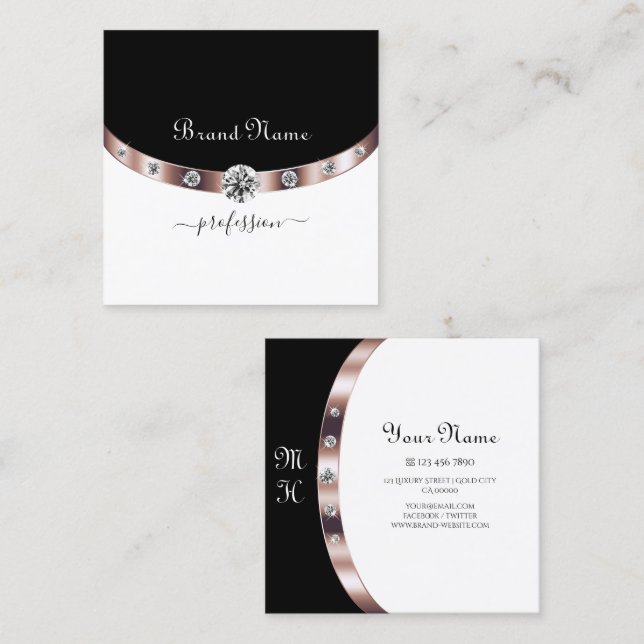 Luxurious Rose Gold Black and White with Monogram Square Business Card (Front/Back)