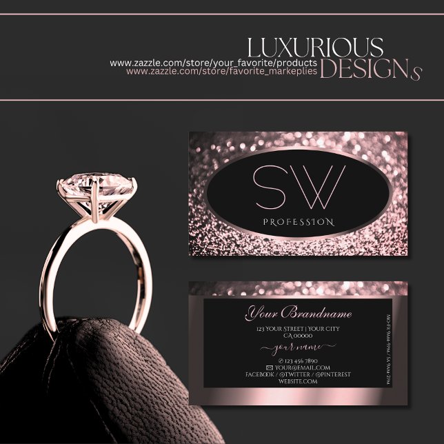 Luxurious Rose Gold Black Sparkle Glitter Monogram Business Card (Creator Uploaded)