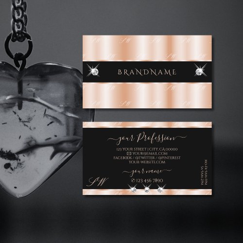 Luxurious Rose Gold Black Sparkle Jewels Monogram Business Card