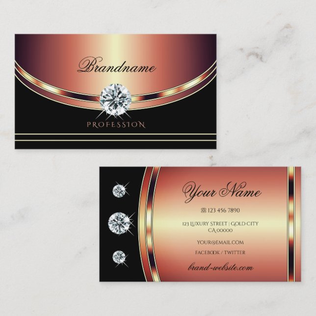 Luxurious Rose Gold Black with Sparkling Diamonds Business Card (Front/Back)