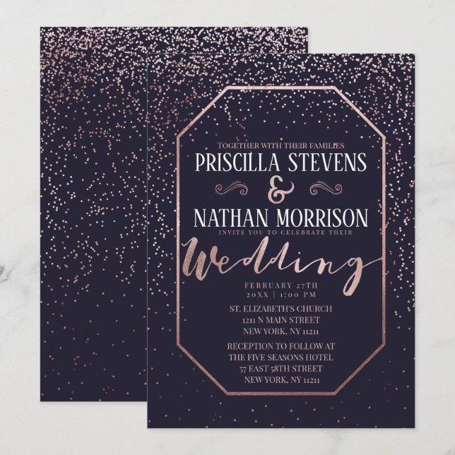 Luxurious Rose Gold Confetti Navy Blue Wedding Invitation (Front/Back)