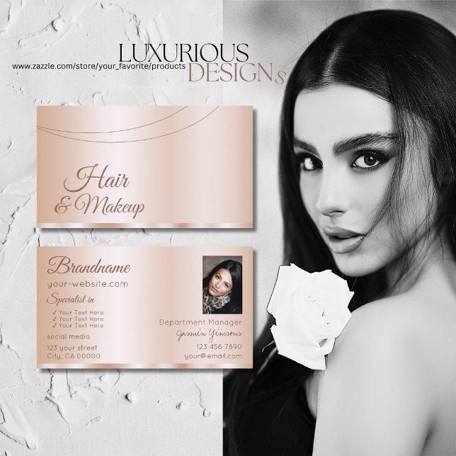 Luxurious Rose Gold Glamorous with Photo Stylish Business Card (Creator Uploaded)