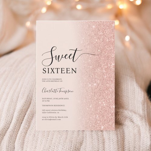 Luxurious Rose Gold Glitter Blush Pink Sweet 16 Invitation