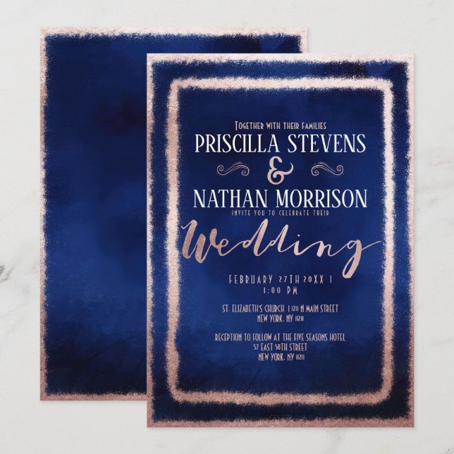 Luxurious Rose Gold Glitter Dust Navy Blue Wedding Invitation (Front/Back)