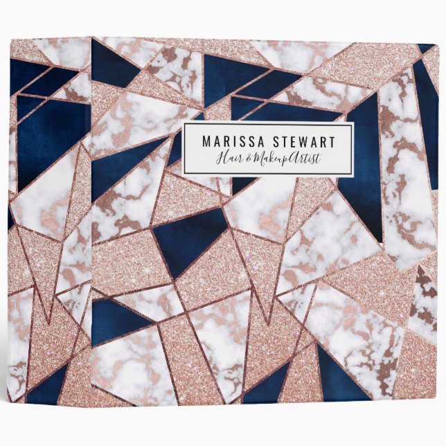 Luxurious Rose Gold Glitter Geometric Marble 3 Ring Binder (Front/Spine)