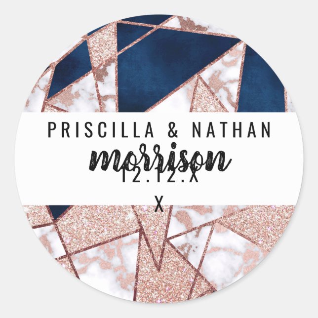 Luxurious Rose Gold Glitter Geometric Marble Classic Round Sticker (Front)