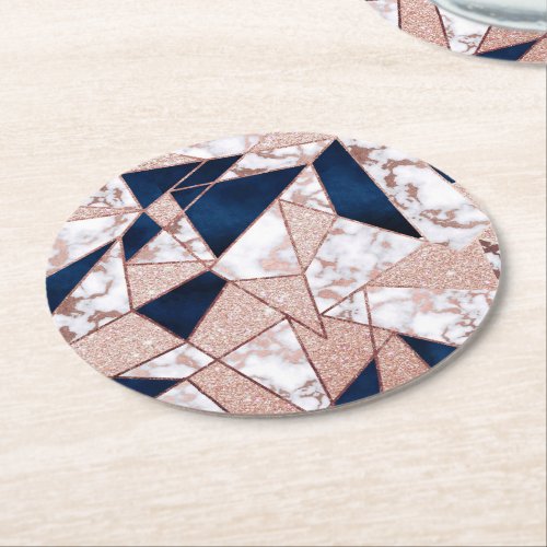 Luxurious Rose Gold Glitter Geometric Marble Round Paper Coaster