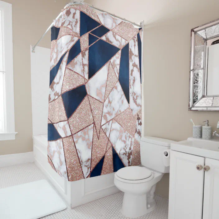 Luxurious Rose Gold Glitter Geometric, Navy Blue Marble Shower Curtain
