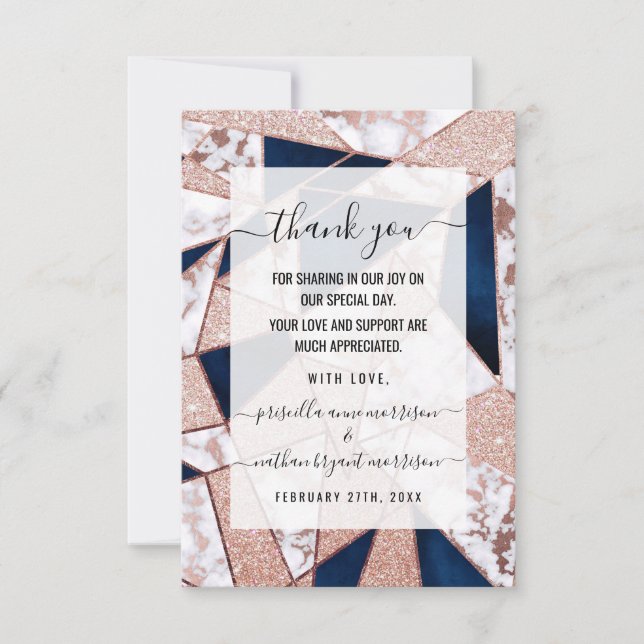 Luxurious Rose Gold Glitter Geometric Marble Thank You Card (Front)