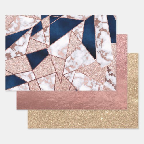Luxurious Rose Gold Glitter Geometric Marble Wrapping Paper Sheets