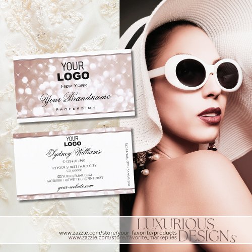 Luxurious Rose Gold Glitter Spark Stars Logo White Business Card