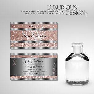 Luxurious Rose Gold Glitter Stars Monogram Silver  Business Card
