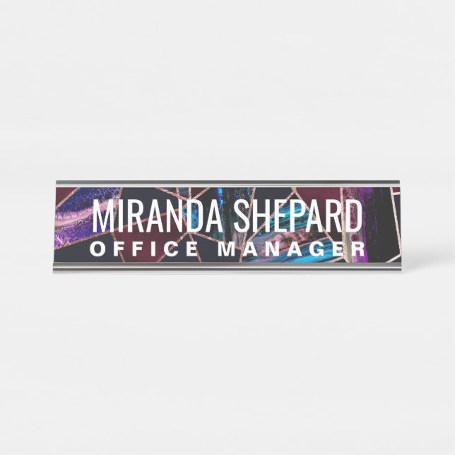Luxurious Rose Gold Liquid Paint Marble Geometric Desk Name Plate (Front)