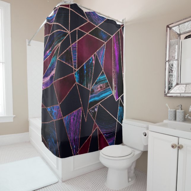 Luxurious Rose Gold Liquid Paint Marble Geometric Shower Curtain (In Situ)
