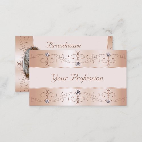 Luxurious Rose Gold Ornate Borders Jewels Add Foto Business Card