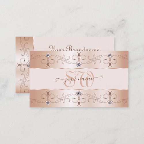 Luxurious Rose Gold Ornate Borders Jewels Monogram Business Card