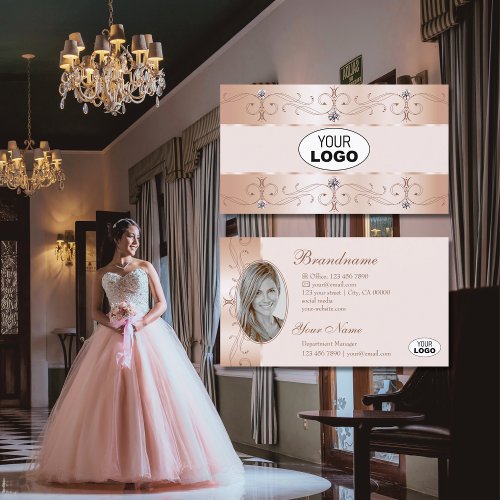 Luxurious Rose Gold Ornate Borders Logo and Photo Business Card