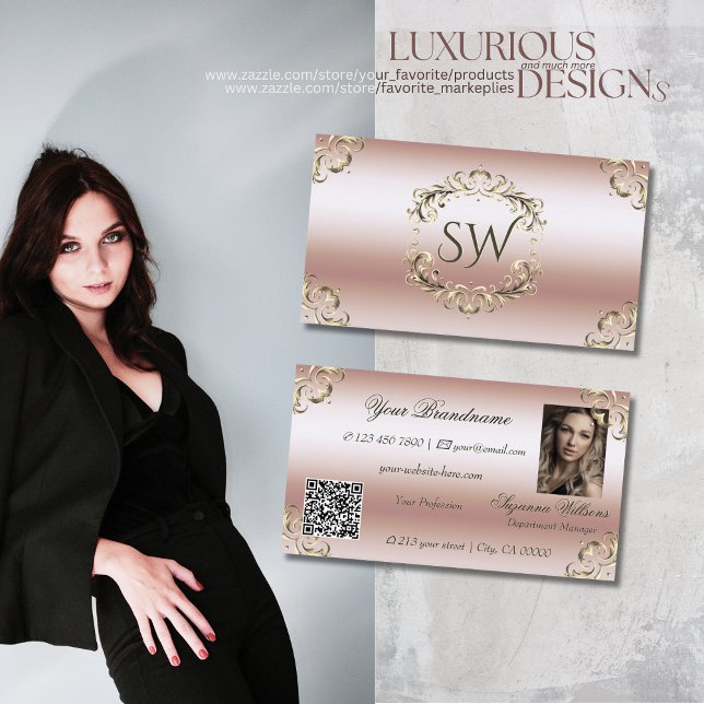 Luxurious Rose Gold Ornate Monogram Photo QR Code Business Card (Creator Uploaded)