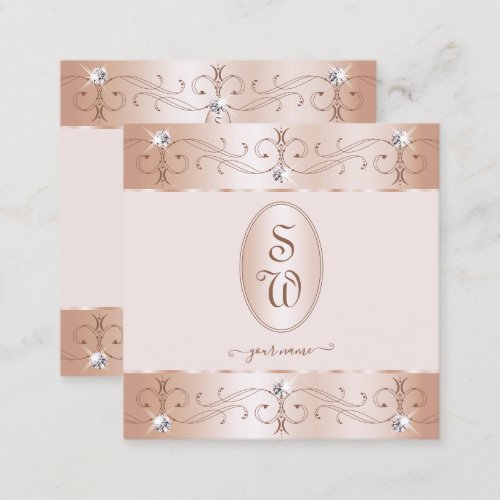Luxurious Rose Gold Ornate Ornaments Initials Luxe Square Business Card