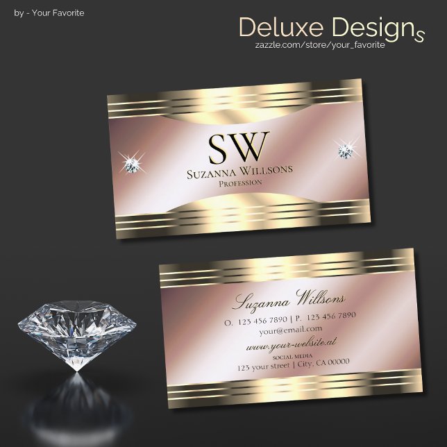 Luxurious Rose Gold Shiny Diamonds and Monogram Business Card (Creator Uploaded)