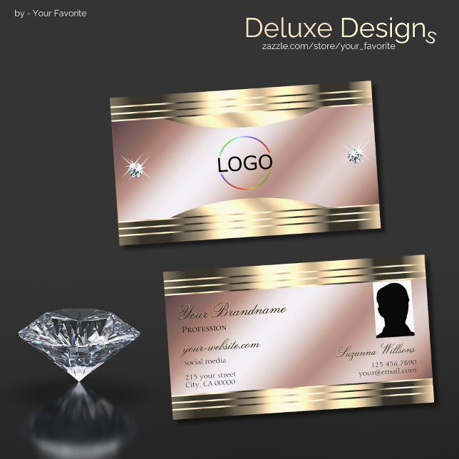 Luxurious Rose Gold Shiny Diamonds Logo and Photo Business Card (Creator Uploaded)