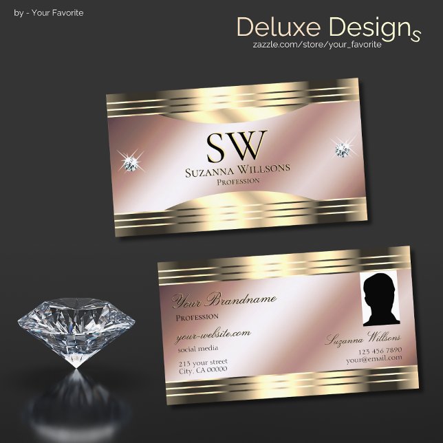 Luxurious Rose Gold Shiny Diamonds Monogram Photo Business Card (Creator Uploaded)