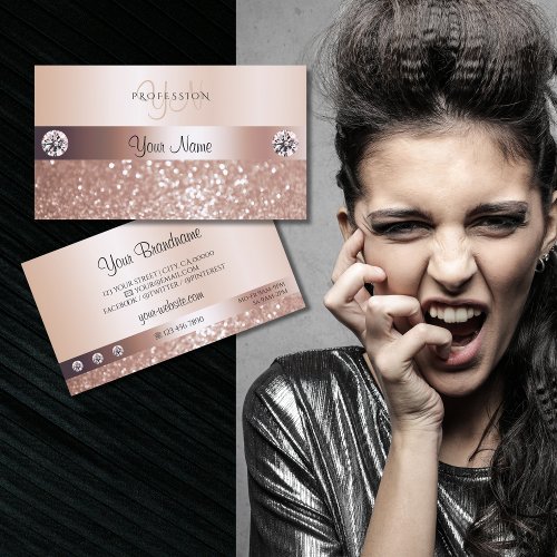 Luxurious Rose Gold Sparkling Glitter and Monogram Business Card