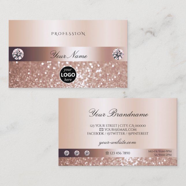 Luxurious Rose Gold Sparkling Glitter with Logo Business Card (Front/Back)