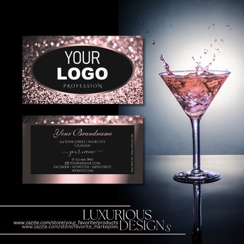 Luxurious Rose Pink Black Sparkle Glitter and Logo Business Card