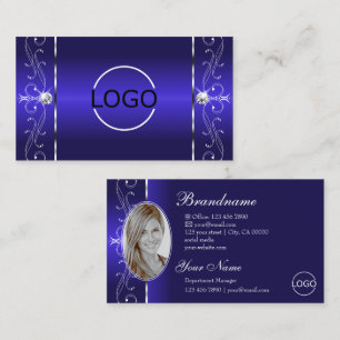 Luxurious Royal Blue Squiggled Jewels Logo & Photo Business Card