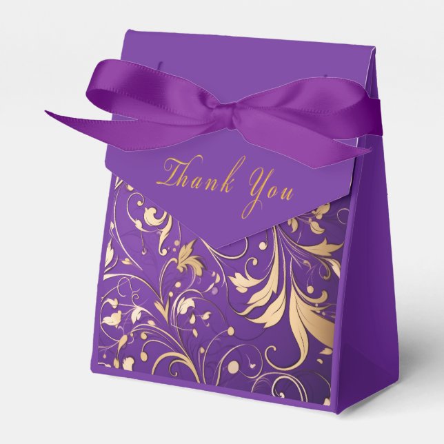 Luxurious Royal Purple and Gold Damask Patterned Favor Boxes (Front Side)