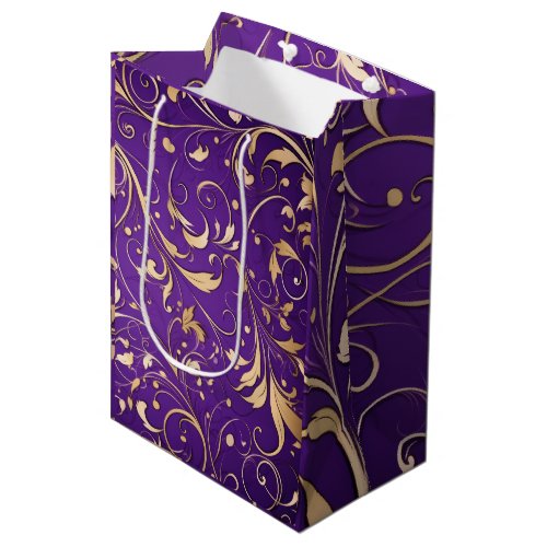 Luxurious Royal Purple and Gold Damask Patterned Medium Gift Bag