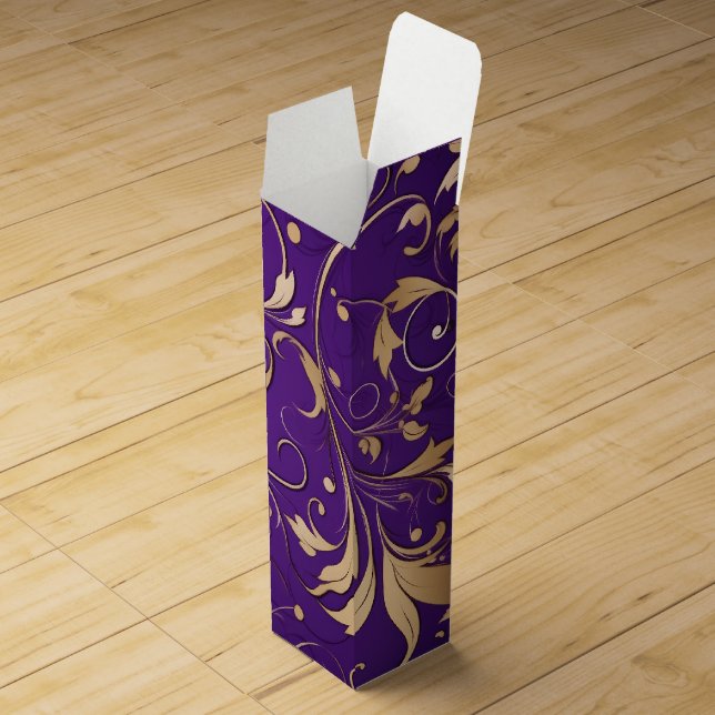 Luxurious Royal Purple and Gold Damask Patterned Wine Box (Opened)