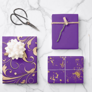 Luxurious Royal Purple and Gold Damask Patterned Wrapping Paper Sheets