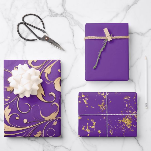 Luxurious Royal Purple and Gold Damask Patterned Wrapping Paper Sheets (Front)