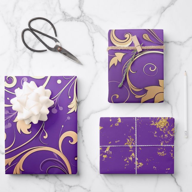 Luxurious Royal Purple and Gold Damask Patterned Wrapping Paper Sheets (Front)
