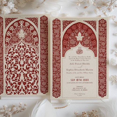 Luxurious Ruby Cream Lace Islamic Wedding Invitation