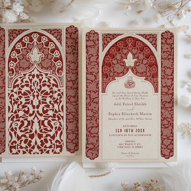Luxurious Ruby Cream Lace Islamic Wedding Invitation (Creator Uploaded)