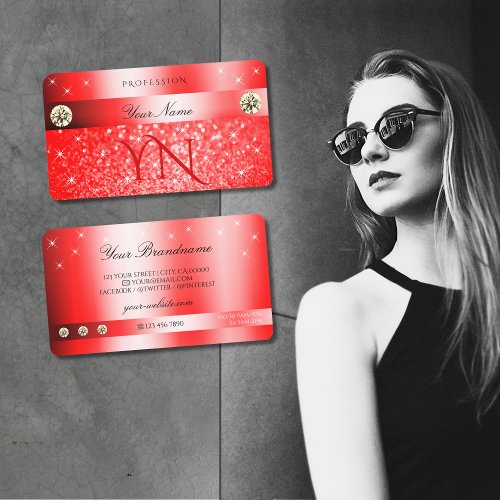 Luxurious Ruby Red Glitter Sparkle Stars Monogram Business Card