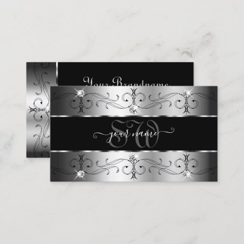 Luxurious Silver and Black Ornate Borders Monogram Business Card