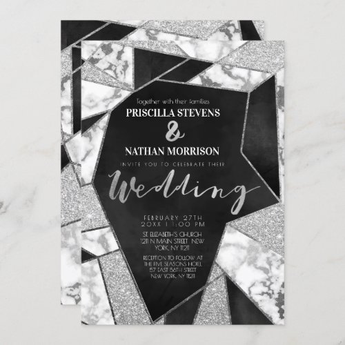 Luxurious Silver Black Glitter Geo Marble Wedding Invitation