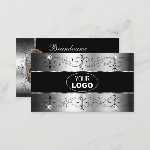 Luxurious Silver Black Ornate Borders Logo  Photo Business Card