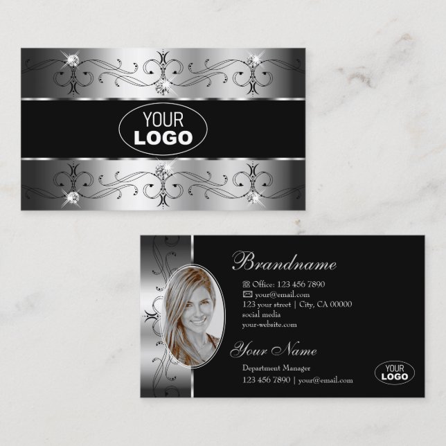Luxurious Silver Black Ornate Borders Logo & Photo Business Card (Front/Back)