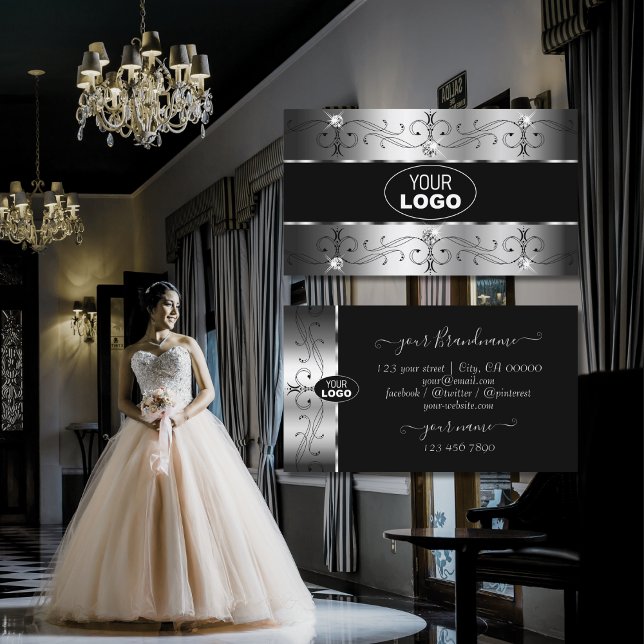 Luxurious Silver Black Ornate Borders with Logo Business Card (Creator Uploaded)