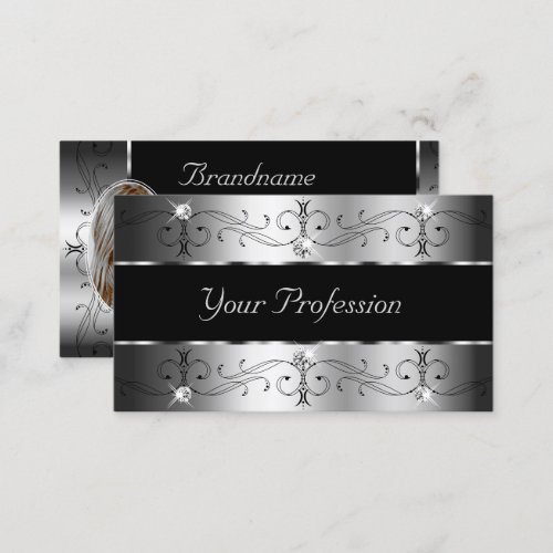 Luxurious Silver Black Ornate Borders with Photo Business Card