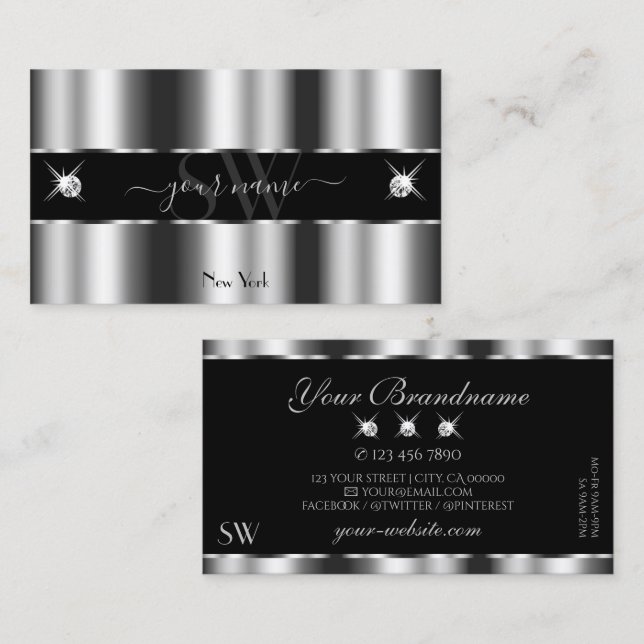 Luxurious Silver Black Sparkling Jewels Initials Business Card (Front/Back)