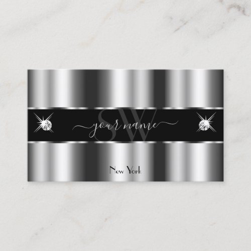 Luxurious Silver Black Sparkling Jewels Initials Business Card